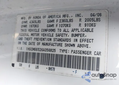 2006 Honda Accord 3.0 Ex z USA, uszkodzony, nr VIN 1HGCM66526A056825